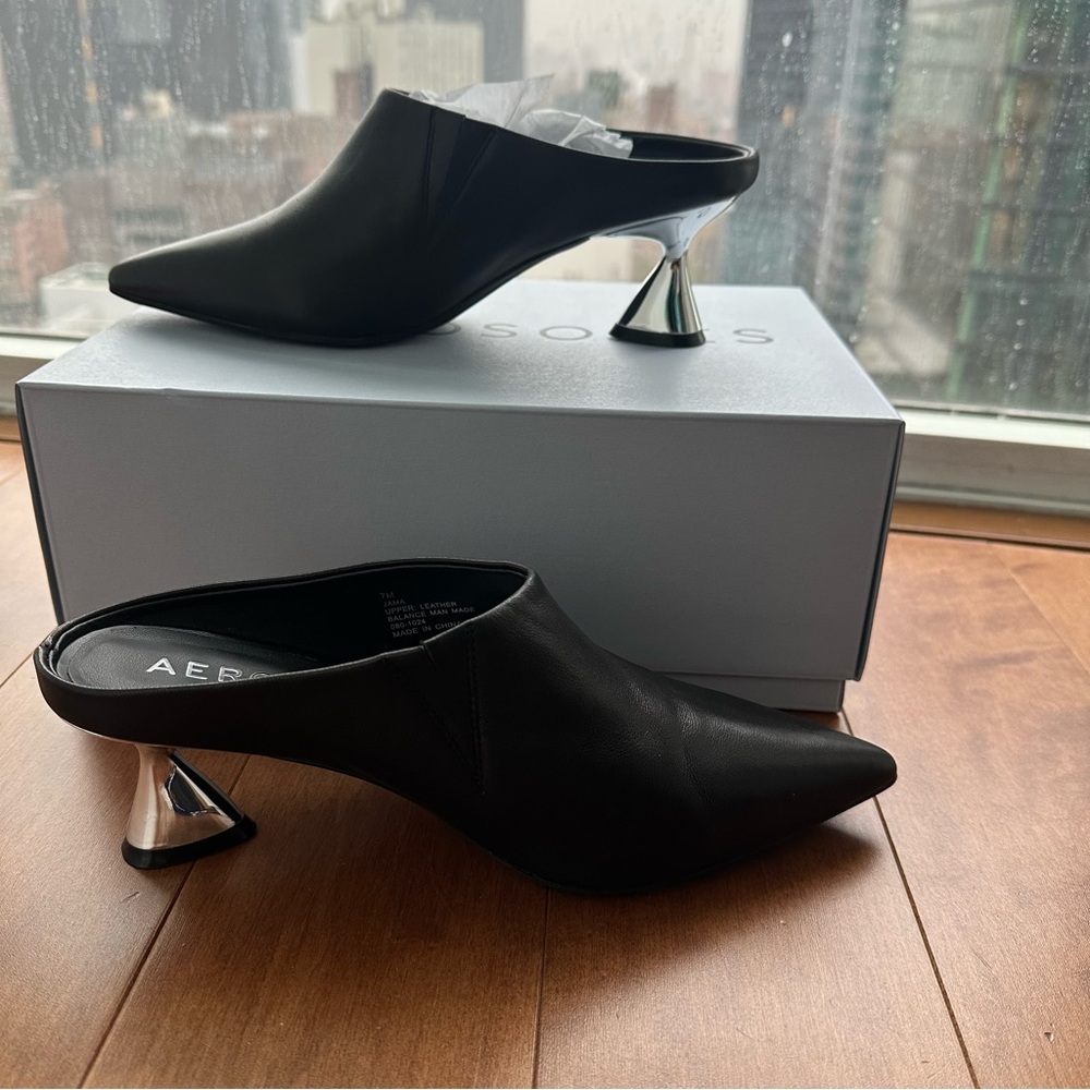 AEROSOLES JAMA MULES - Black Mules with Metallic Heel